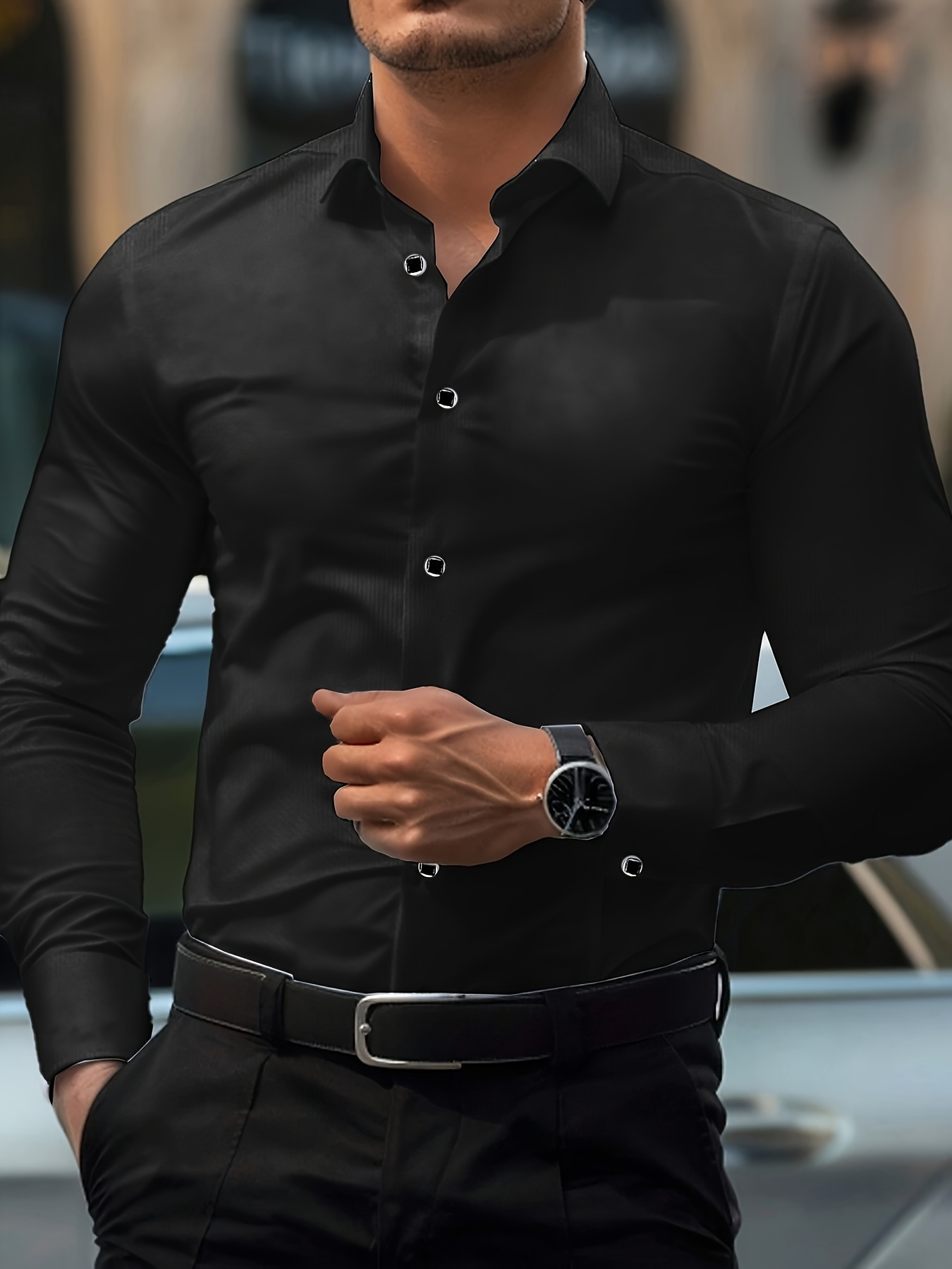 Camisa negra de manga larga para hombre con diseño geométrico - Corte ajustado, material de poliéster ligero, ideal para eventos casuales o formales, top versátil | Look elegante | Tacto suave