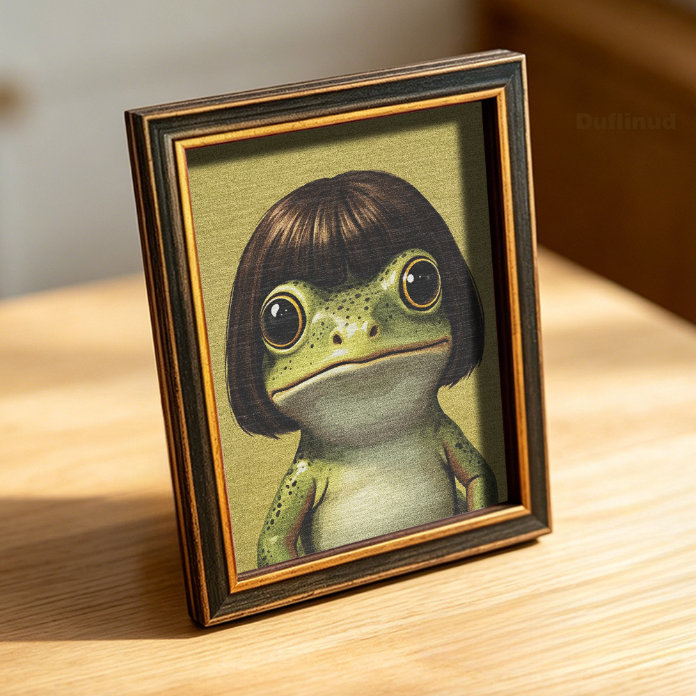 TEMU Cute Fridge Magnet, Mini, Fun Miniature Decorative Painting With Wide Eyes And Cute Frog Shape, With Brown Short Hair, Wooden Fridge Magnet,