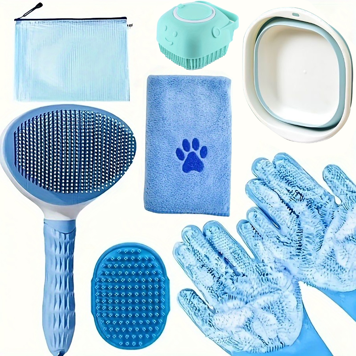 TEMU 7pcs Dog Grooming Set, Including Brush, Microfiber Towel, Bathing Gloves, And Shedding Tool - Care For Shiny, Smooth Fur Without Electricity.
