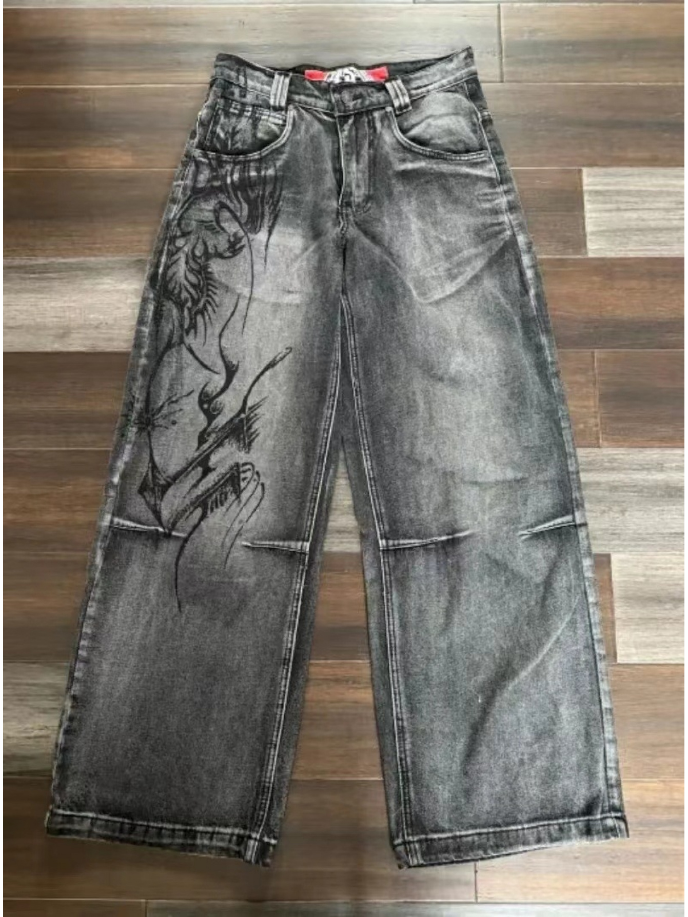 mens     low   wide leg jeans retro y2k streetwear baggy denim pants with smock pleated detail black washed trousers suitable for teen loose fit for wear