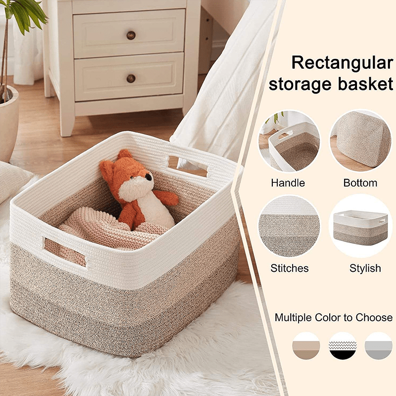 Large Woven Rope Storage Basket- Double Handle Design, 70L Capacity, Black and Beige Stripe Design, Great for, Laundry, Nursery and Living Room Organisation, 55x43x30cm, Laundry Basket, Storage Basket, Sturdy Handle Design, Shelf Basket, Shelf Baskets