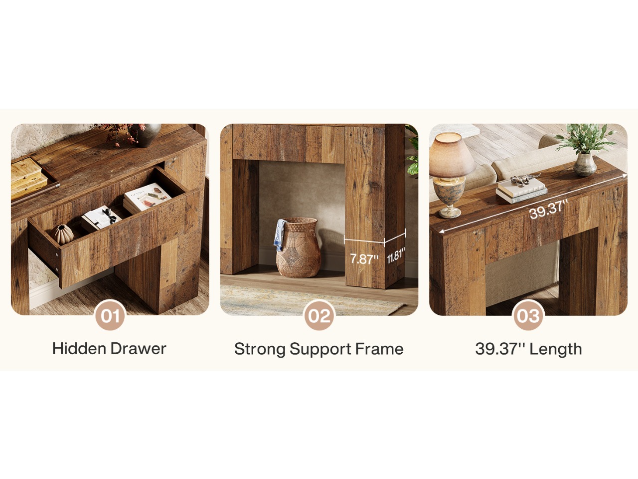 100cm Modern Farmhouse Console Table with Drawers - Narrow Slim Space-Saving Suitable for Small Spaces, Engineered Wood Hallway Table with Storage, Dark Brown Coffee Table for Entryway, Living Room, Assembly (Assembly Required)