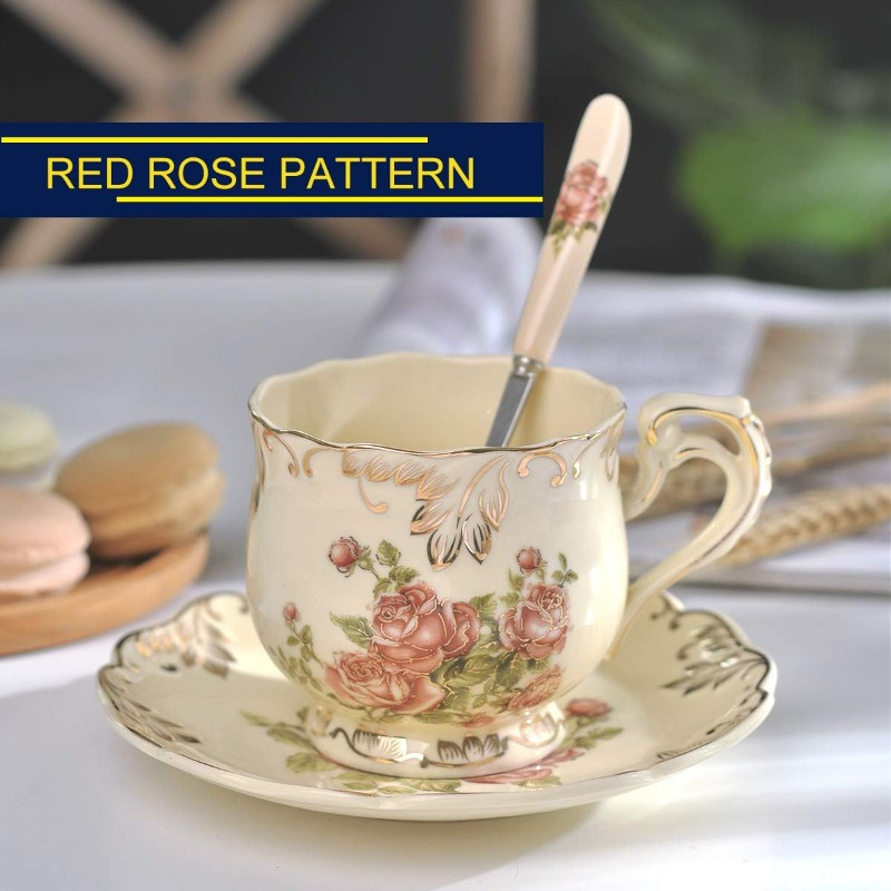     cups and saucers set of 6 8oz vintage floral porcelain tea cups set coffee cups with golden rack Product details 2
