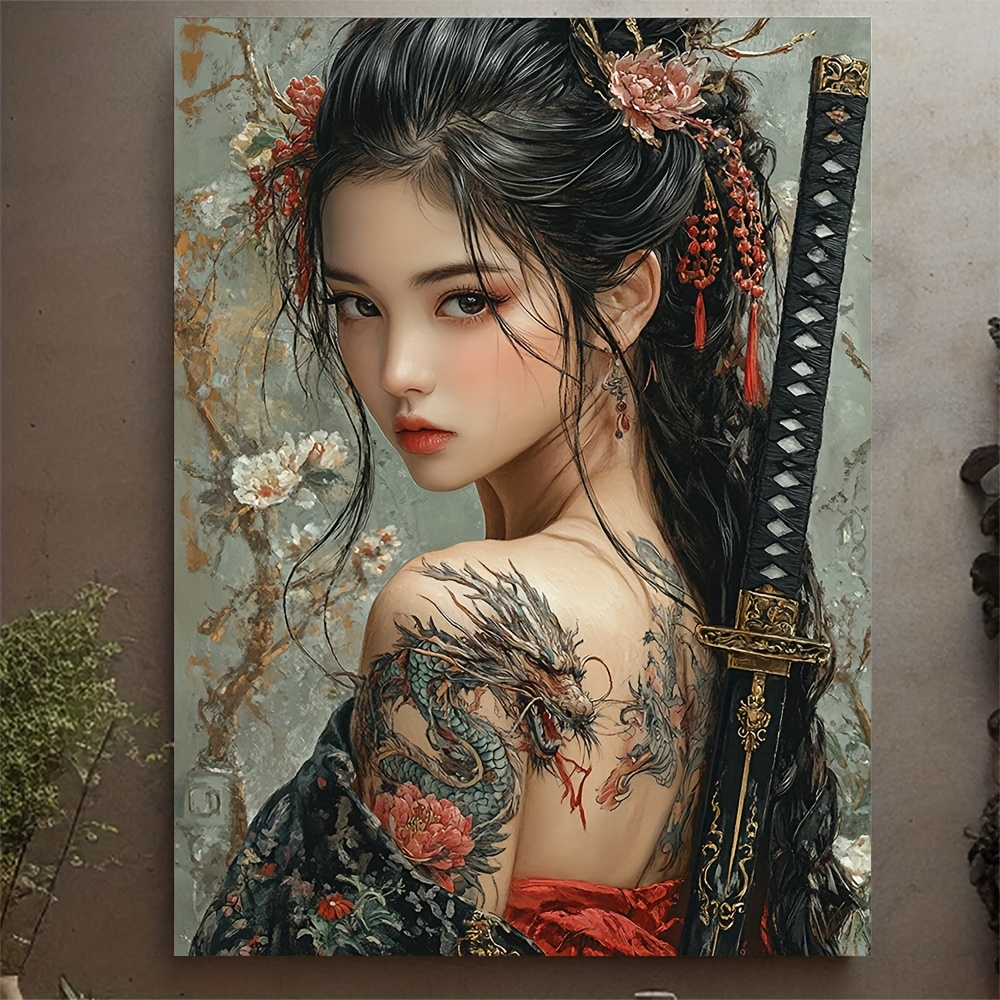 TEMU 2d Flat, 2d Flat, 1pc 2d Flat Art Showcasing A Stunning Geisha With A Dragon Tattoo On Her Back, Framed For Contemporary Home Decoration As A