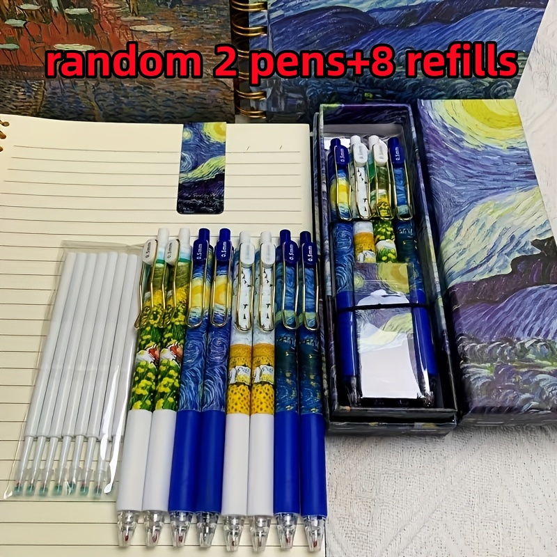 TEMU 10pcs Starry Night Fine Writing Pen Set, Includes 2 Random Pens + 8 Refills, Retractable 0.5mm Fine Point, Black Ink, Smooth Writing, College