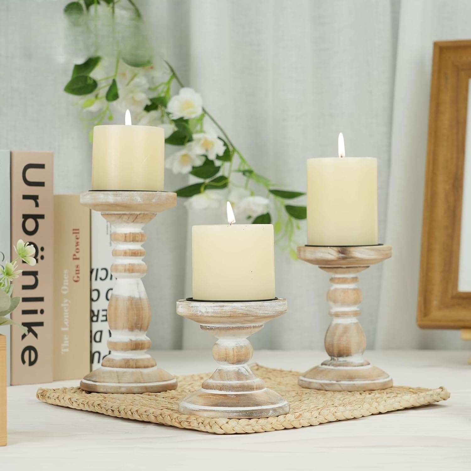 TEMU Wooden Candle Holder - Bead Style - Light Burn White - Sizes Xs+s+m - Set Of 1 (3pcs)