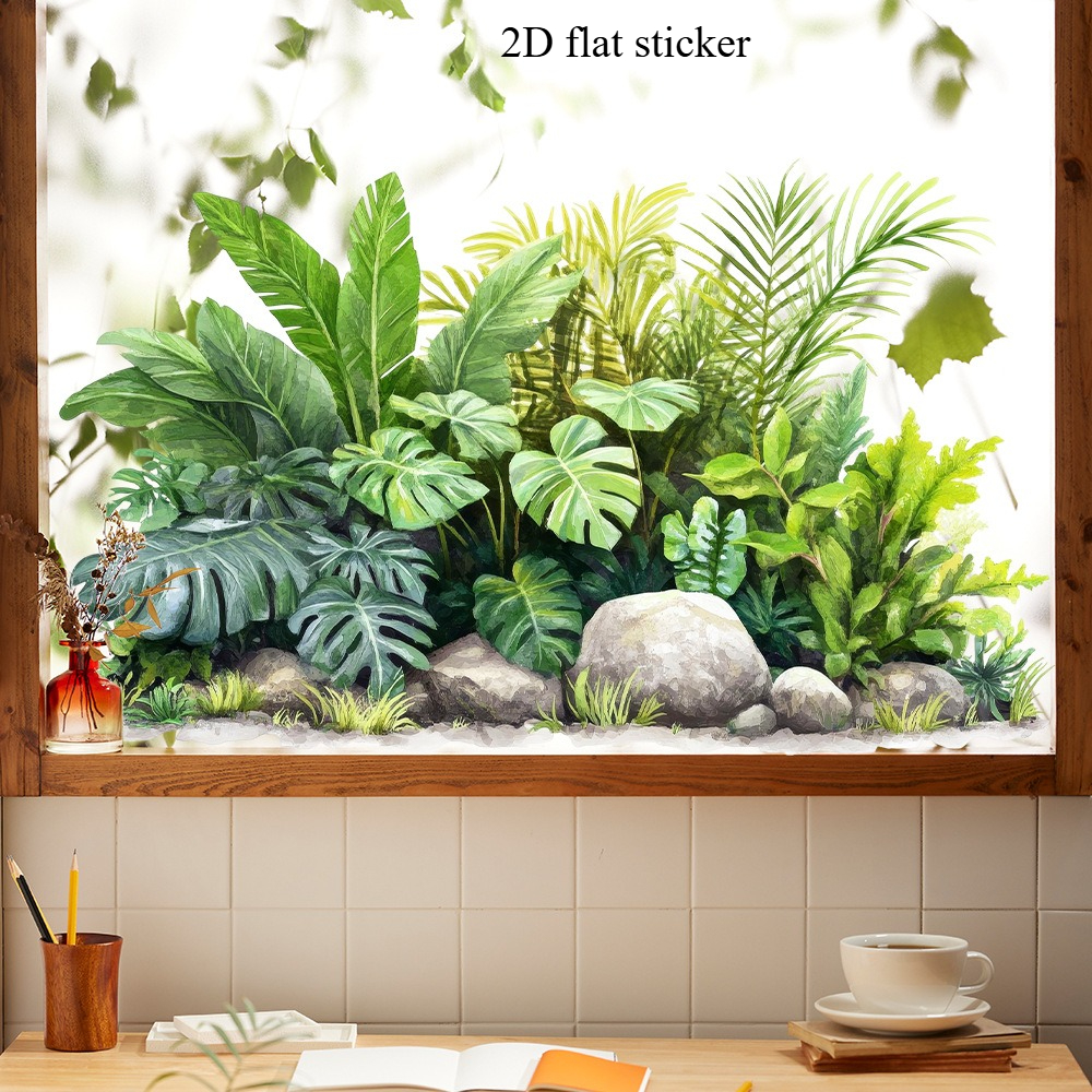 TEMU 2D Plat, 2D Plat Tropisch Groen Plantenlandschap Raamstickers, Huisraam Glasdecoratiestickers, Glasraam Oppervlak Decoratiestickers, 2D Plat