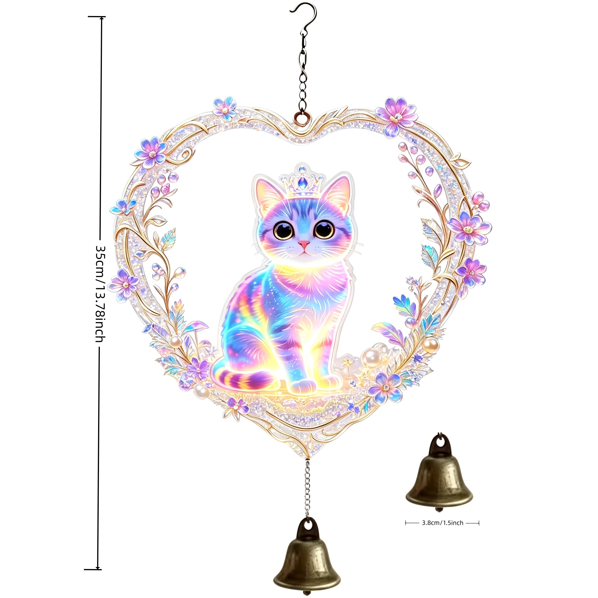 TEMU Iridescent Floral Heart Wreath Starry Cat Wind Chime Hanging Ornament, Suitable For Indoor Windowsills, , And Outdoor Gardens. Shakes,