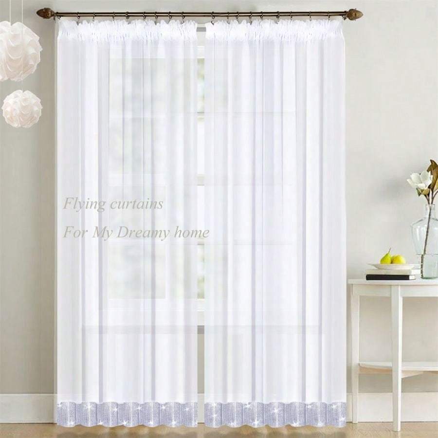Image of 1pc L224 Embroidered Chiffon Pleated Lace Trim Rhinestone Curtain For Living Room, Bedroom, Window Decoration