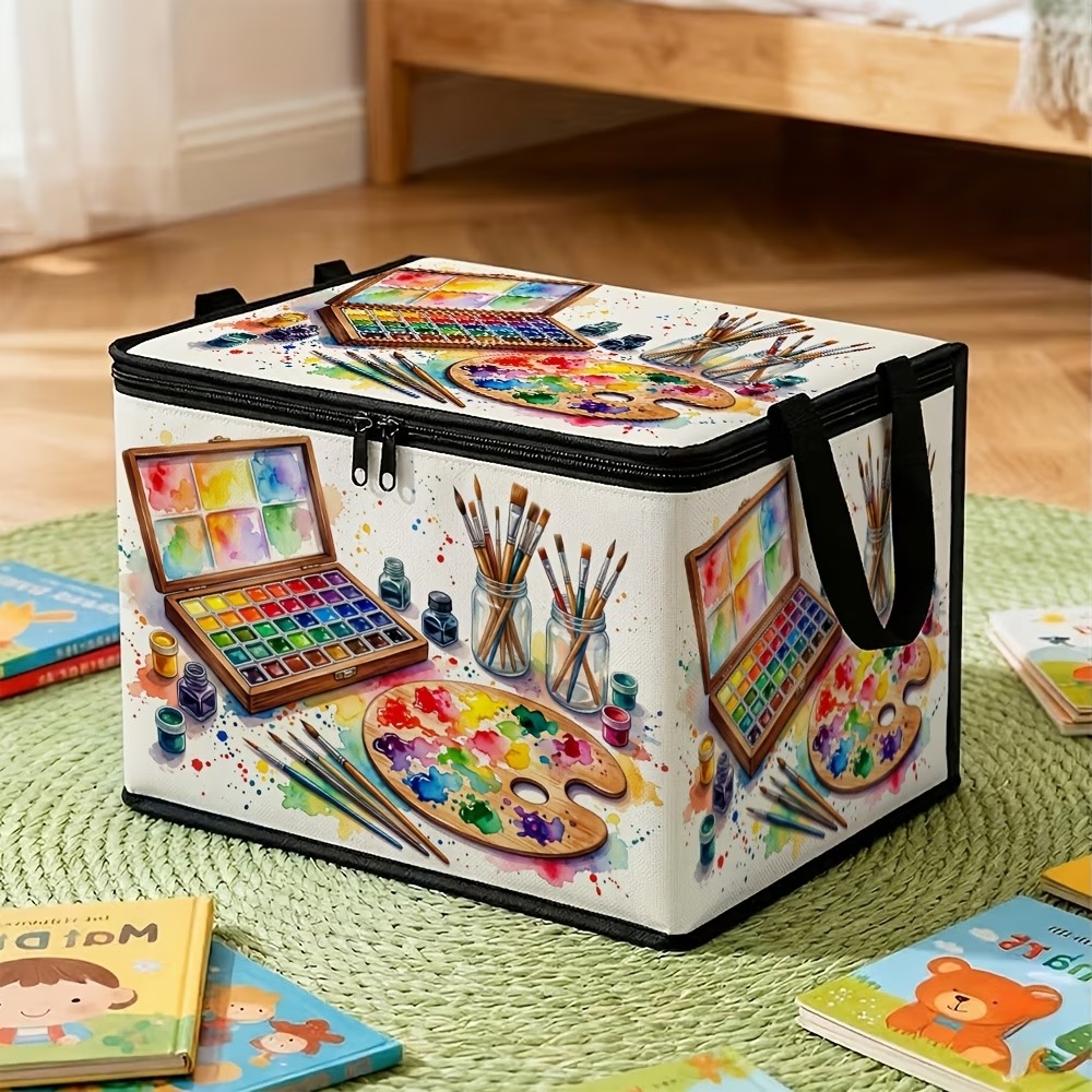 TEMU 1pc Style Large Capacity Foldable Storage Box With Lid, Soft Fabric, (watercolor Desktop Pattern), Strong Zipper Organizer, Suitable For