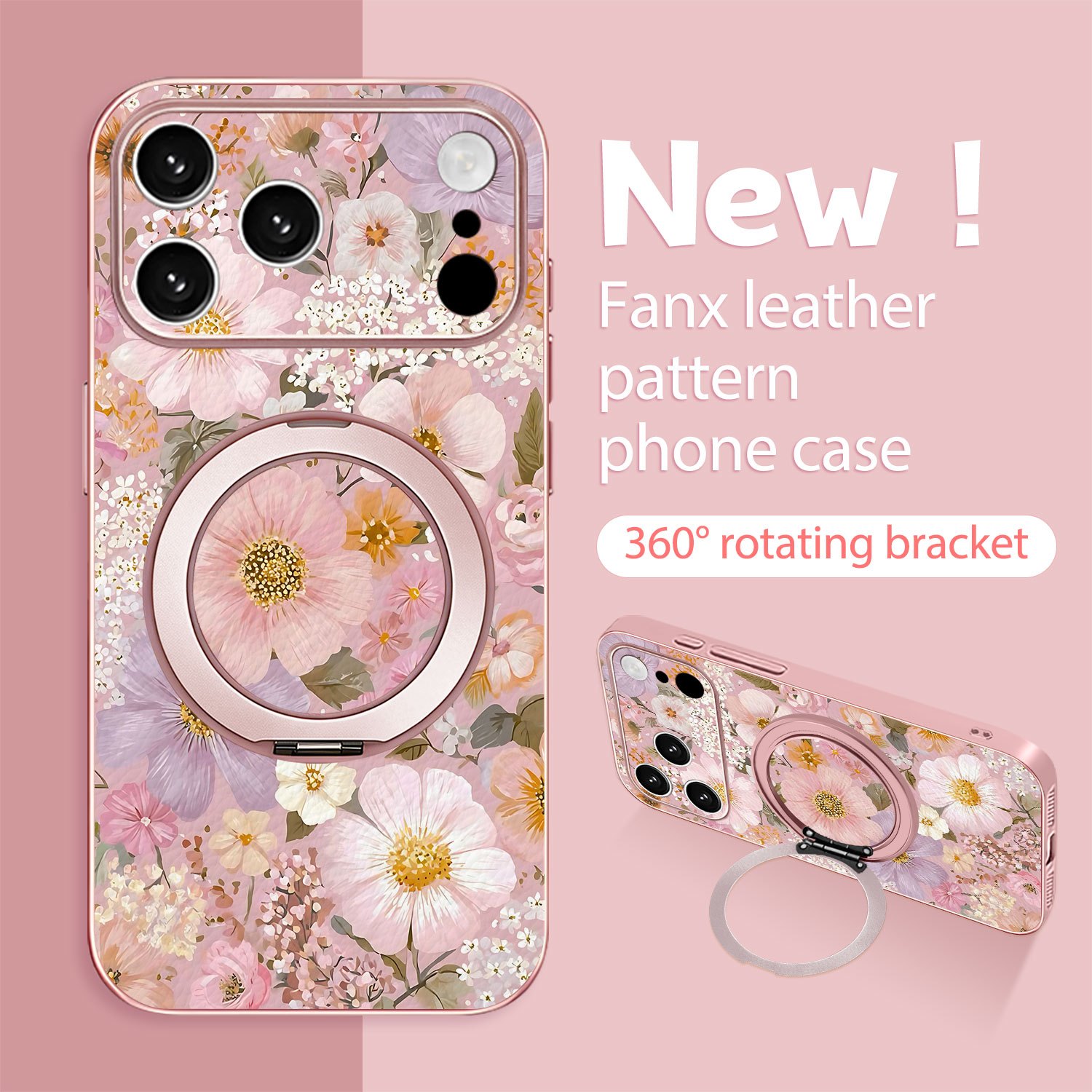 TEMU Phone Case - New Metallic Lacquered Faux Leather Phone Case With 360° Rotatable Ring Stand Set, Floral Pattern For Iphone 17/16/15/14/13/12/11/