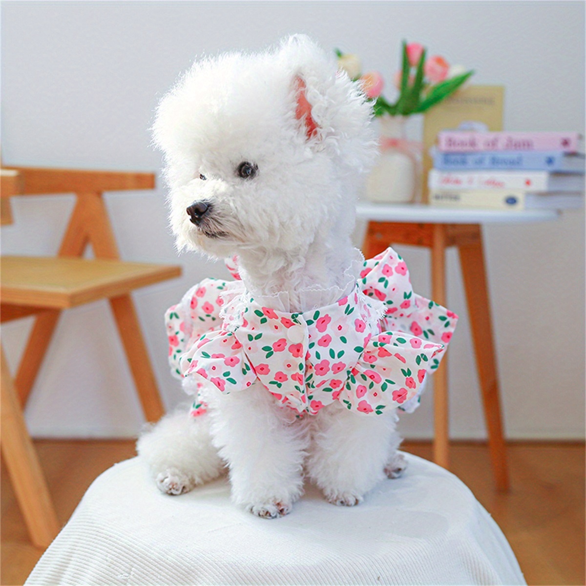 Dog * Dress with Floral Print & Lace Trim Fly-Sleeve Mock Collar Dress -  Machine-Washable Wedding Outfit for Medium//XL Dogs Suitable for Parties,  Photo Shoots, Casual Attire