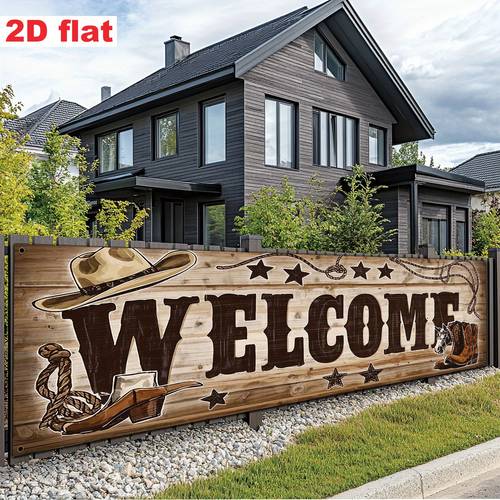 2d fladt, 2d fladt festbanner, trækflag/festbannere, (17*78 tommer/45*200 cm), materiale, vestlig cowboy-stil velkomst-tema dekorativt banner, cowboyhat, , cowboystøvler design, velegnet til temafest fejringsdekoration, feriebegivenhed indendørs/udendørs dekorativt banner,