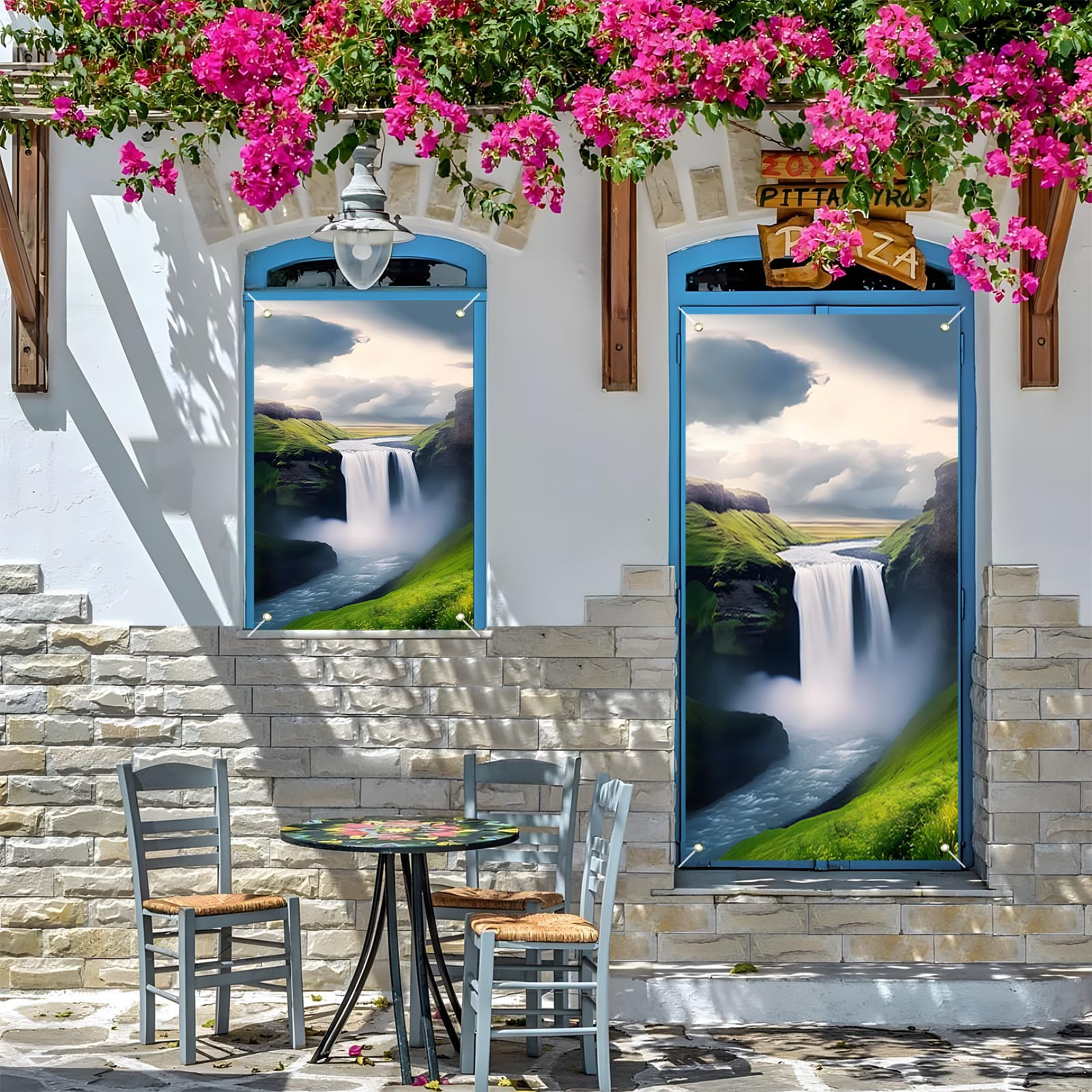 

Sky & Waterfall Landscape Privacy Window Cover - Versatile Polyester Door Or Window Decor For All , No Power Needed