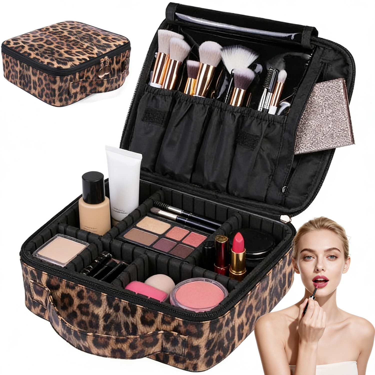 Image of 25 X 9 Cm Leopard Print Cosmetic Bag Large Capacity Portable Handle Makeup Pouch Storage Bag Daily Use For Home Office Gym Hotel Outdoor Weekend