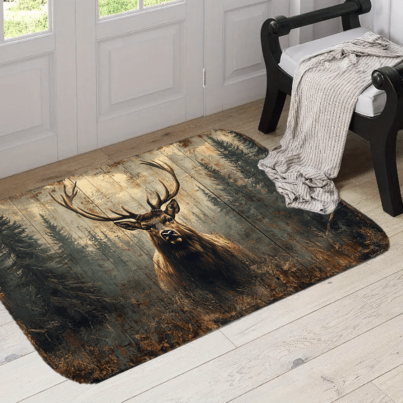 

Stag Printed Doormat - Polyester, Machine Washable, Rustic Woodland Design For Home Decor, Nature Scene, Christmas Holiday Gift