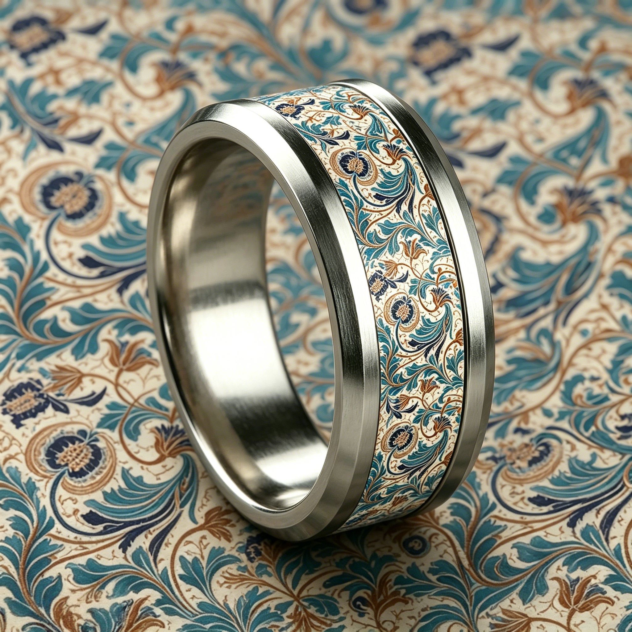 Light Blue Brown Morris Vintage Leaf 304 Stainless Steel Ring