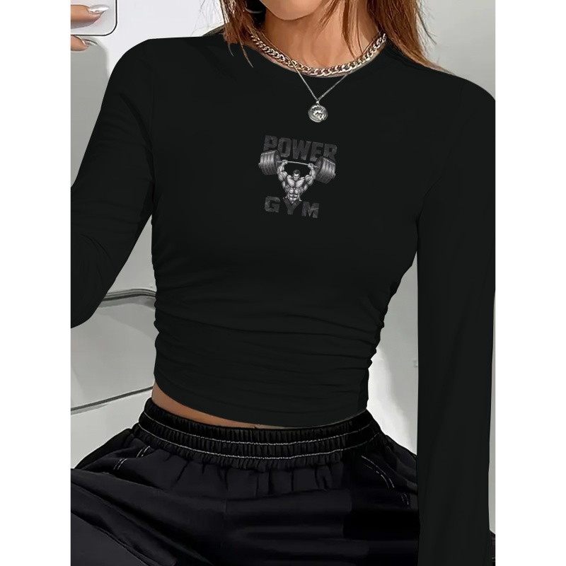 

Women's Long Sleeve Gym T-shirt, Crew Neck, Polyester Knit Fabric, Regular Length, Geometric Pattern, Y2k Style With Barbell Graphic For All