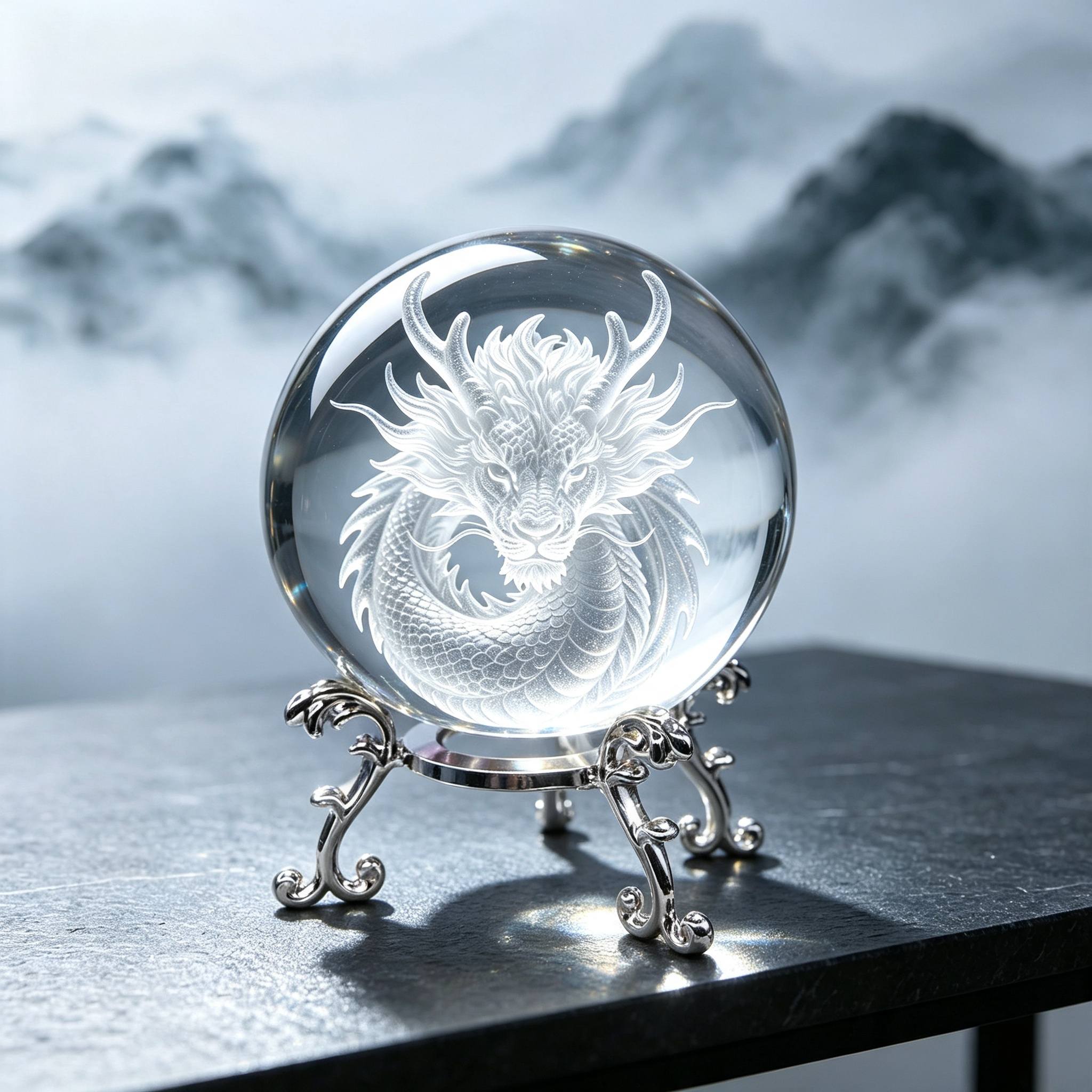 TEMU Boule de cristal blanche sculptée en trois dimensions avec motif de dragon , interne 3D, matériau de laser sur fond noir, ornement en cristal à