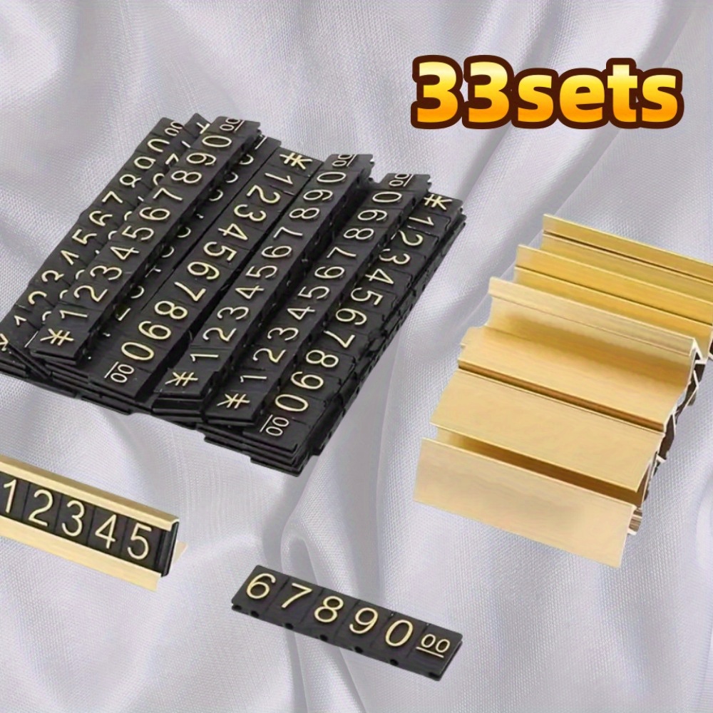 33 sets Price Display Counter Stand Tag Adjustable Number Letter Base Price Cube Display for Watch Ring Jewelry Dollar   Stand Kit (Golden)