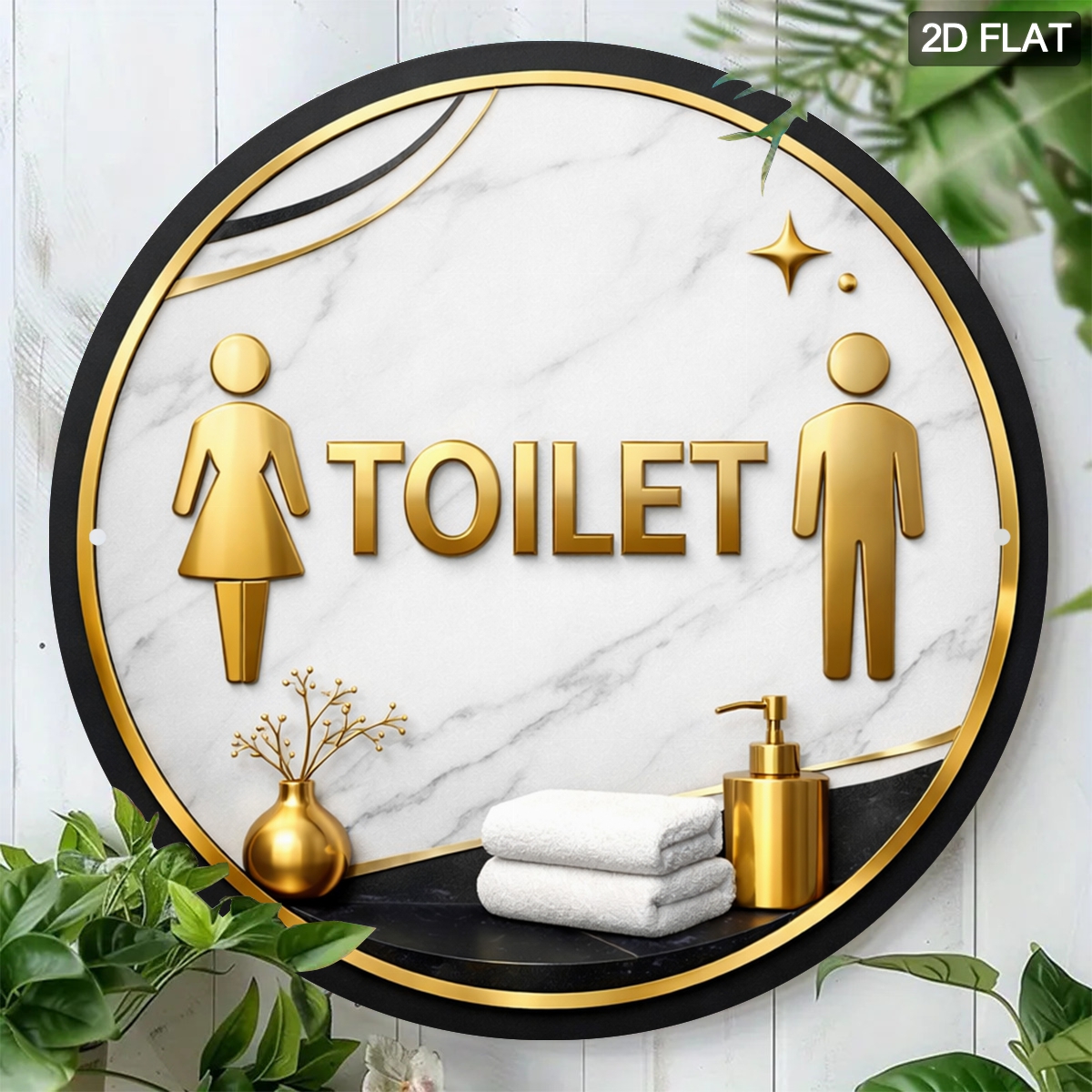 E-shop 2D-Flach, . Modernes minimalistisches Retro-rundes Toilettenschild – Aluminium, geeignet zum Aufhängen an der Haustür, wandmontiertes