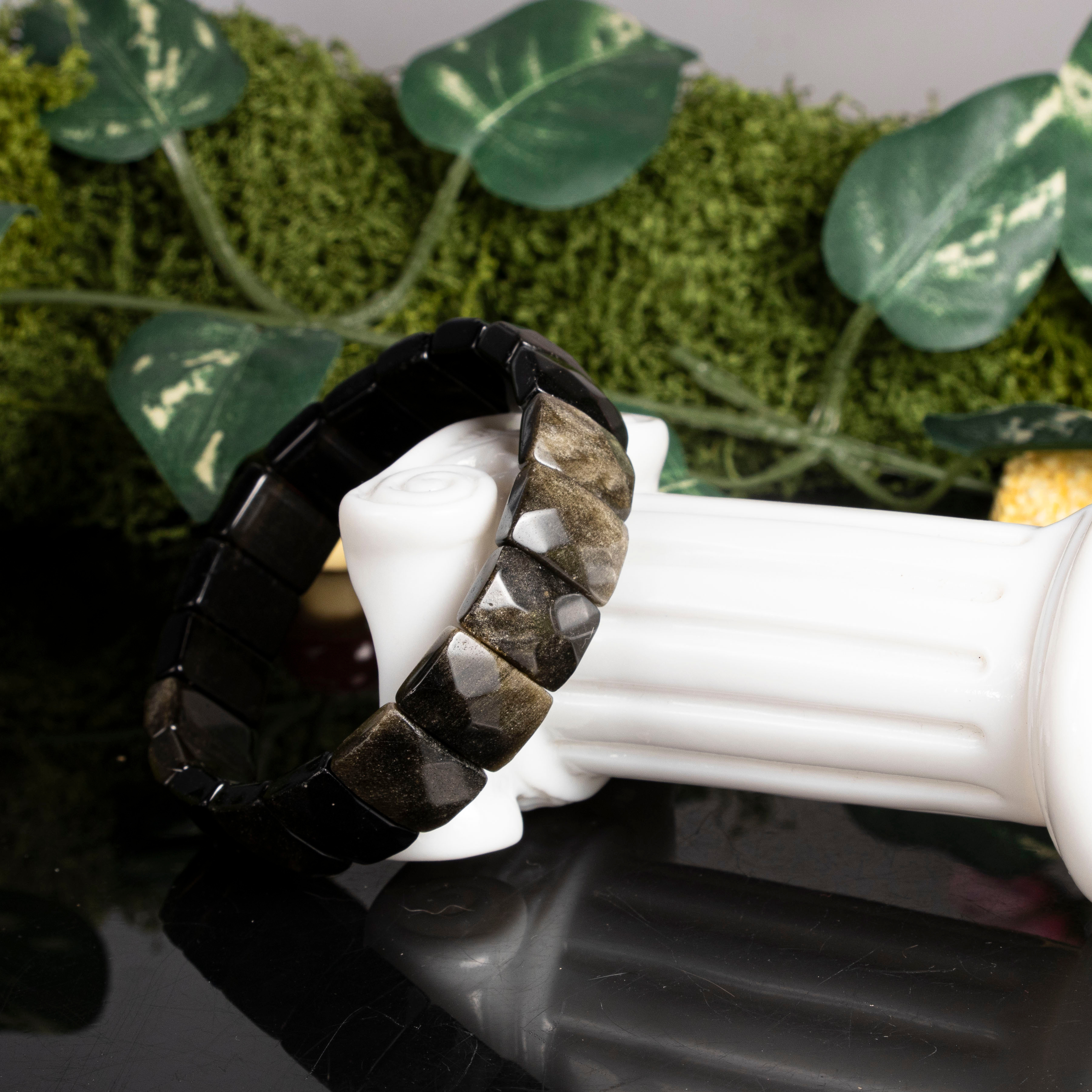Natural Golden Obsidian Wide Bangle Bracelet, Handmade Bohemian Style