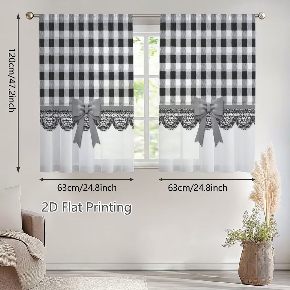 TEMU 2d Flat, Stylish Black And White Checkered Sheer Curtains With Scalloped Black Lace Trim And Shiny Gray Bow, Perfect For Living Room Bedroom