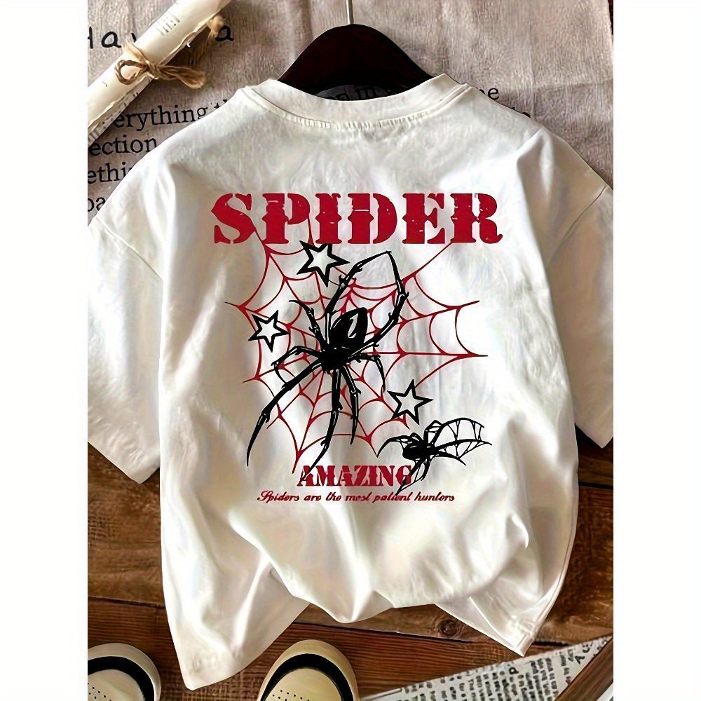 White Girls' Round Neck Short Sleeve T-Shirt with Black Spider and Red Web Print on the Back, Featuring "SPIDER" in Red and Small English Text "Spiders are the most patient hunters", Stylish with a Touch of Dark Element. 100% Polyester Fabric, Breathable and Easy to Care for Personal Style