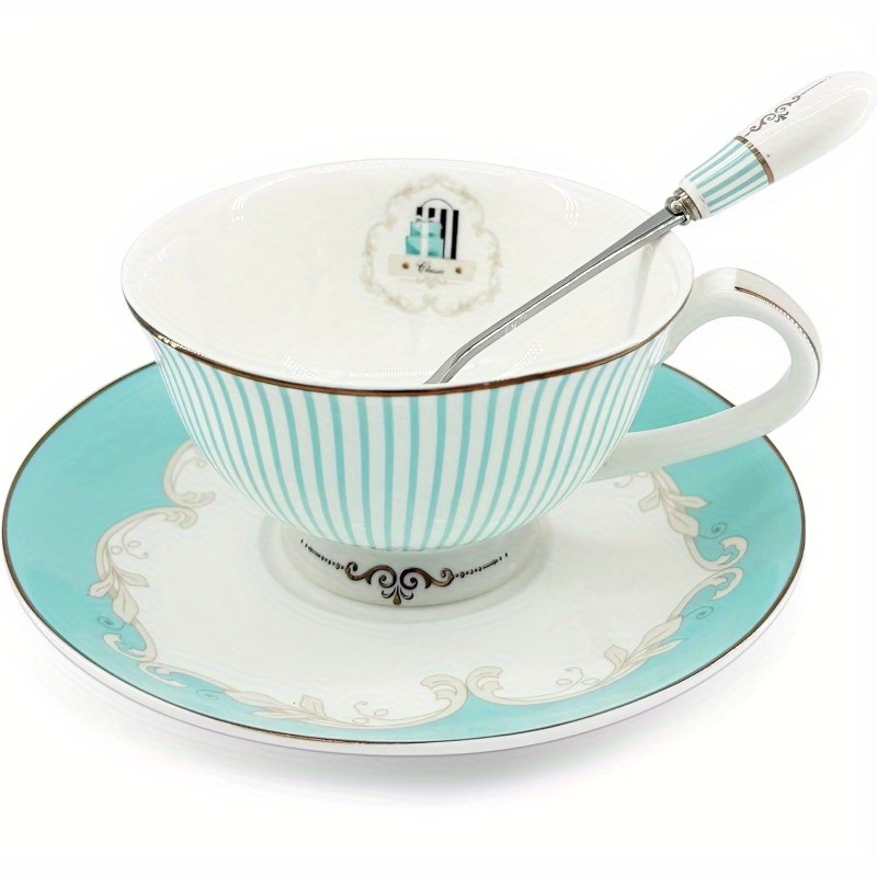 elegant vintage ceramic teacup set with a spoon and saucer, featuring   china and striped design., ideal for weddings & travel, this porcelain tea cups is an   luxury gift, accessory for home ceramic sofa mini tea cup tableware teaware. Product details 0