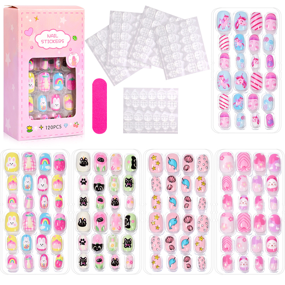TEMU 120pcs Pink Cute Cartoon Press-on Nails, Cartoon Press-on Fake Nail Set, 120pcs Shiny Long Oval Tip Fake Nail Set, Full-coverage Short Cute Fake