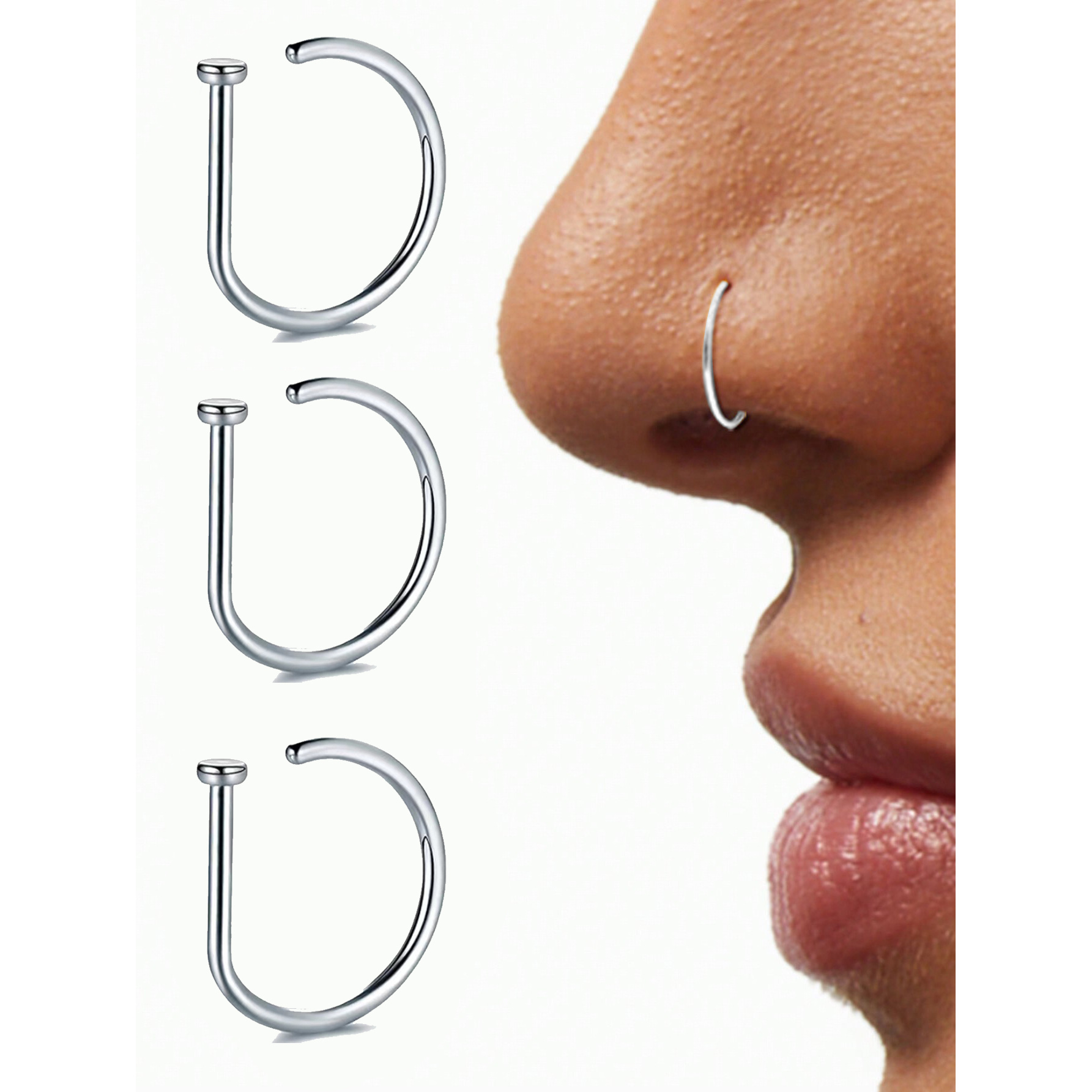 3pcs Geometric Shape Punk Nose Rings Set, Stainless Steel