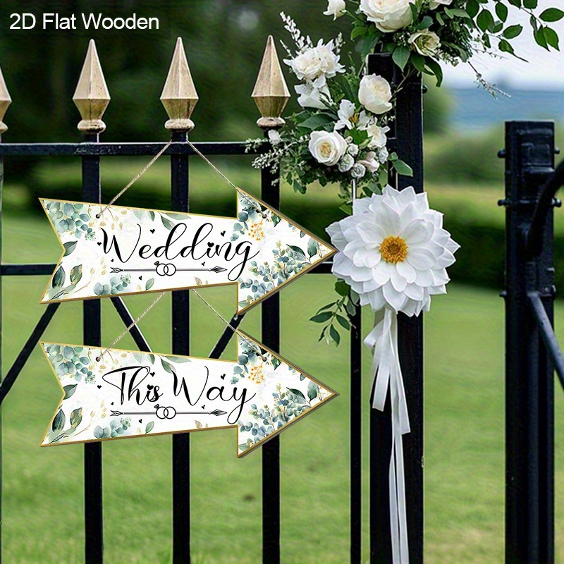 TEMU 2d Flat - This Set Of 2 2d Wooden Signs Features An Arrow Design, Decorated With Eucalyptus Leaves And Golden Edges, Printed With The Words