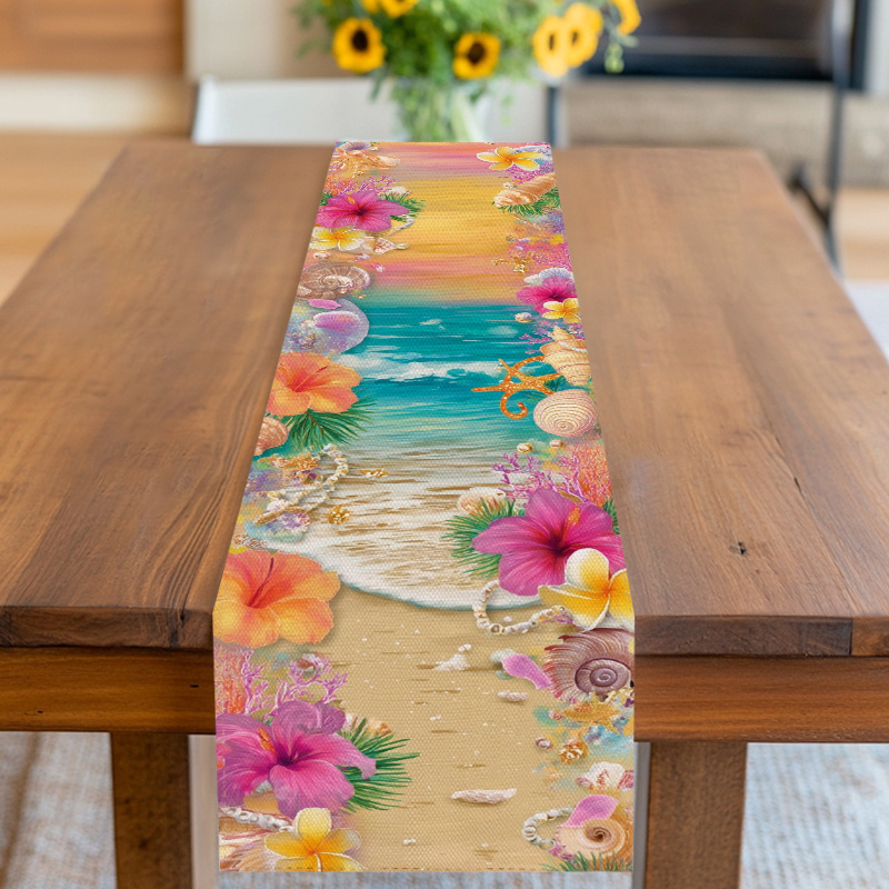 TEMU Chemin de table, nappe, motif plage et coquillages avec fleurs , colorés, pour l'été, fête , -, barbecue, rassemblement dans et plus encore,