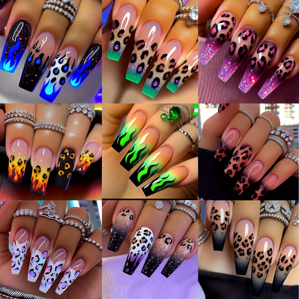 TEMU 216pcs 9 Sets European Long Ballet Turtle Shell Nail Leopard Print Flame Design Fashionable Y2k Style Pink White Black French Gradient Glossy