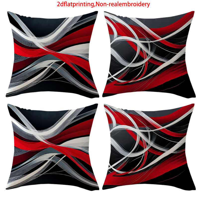 TEMU 4pcs Red And Black Abstract Pillowcases, Modern Dynamic Line Art Pattern Cushion Covers, Living Room Sofa Decorative Throw Pillow Covers, 2d