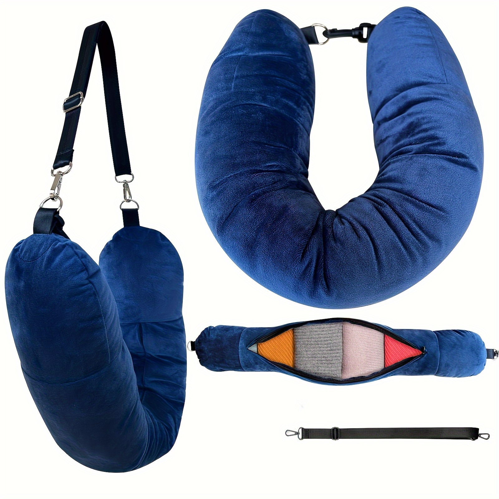 a   u shaped pillow that   filled with clothes easy to carry essential for flights and daily use travel picnic travel essentials