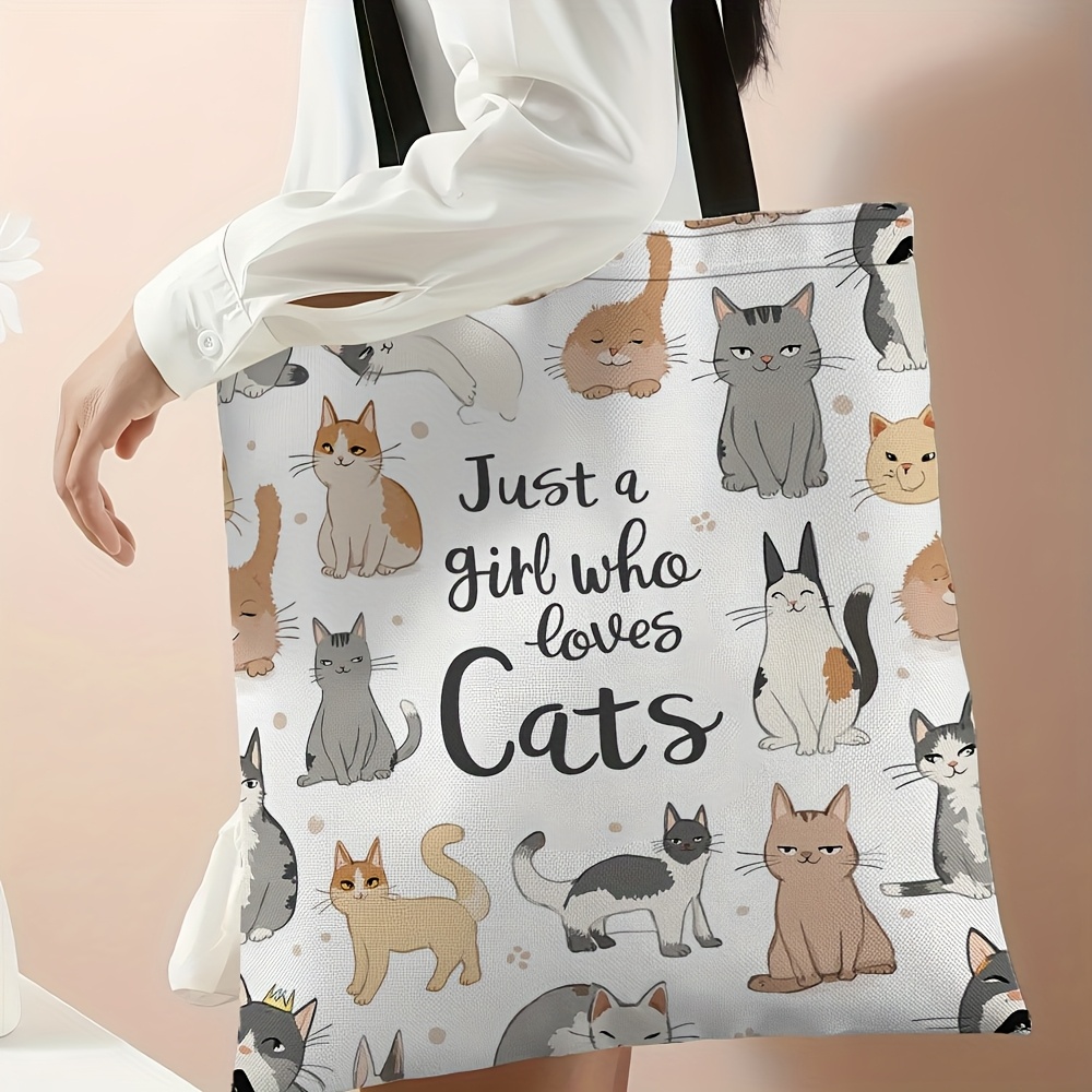 TEMU 1pc "just A Who Cats" Large Tote Bag Suitable For School, Travel & Shopping - Cute Cat Print Handbag With Kitten, Durable, Reusable Grocery Bag,