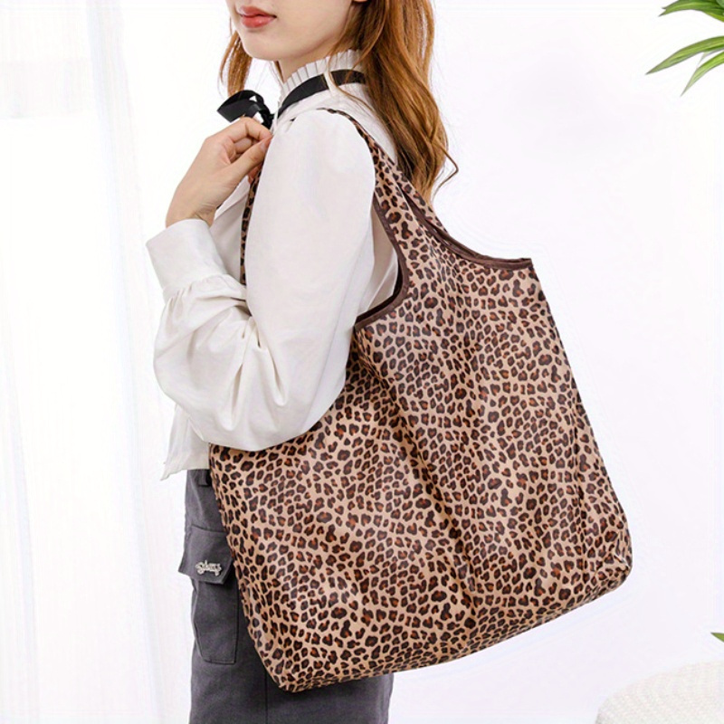 chic leopard print foldable shopping bag     polyester   groceries clothes storage travel gifts details 2