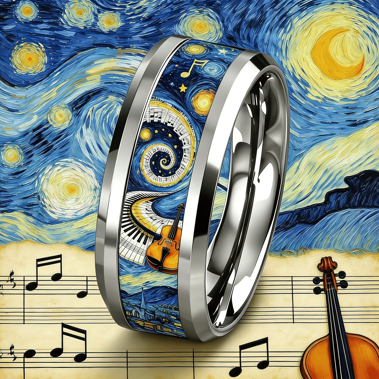 Van Gogh's Starry Sky Violin Note Stainless Steel Ring, Retro Style