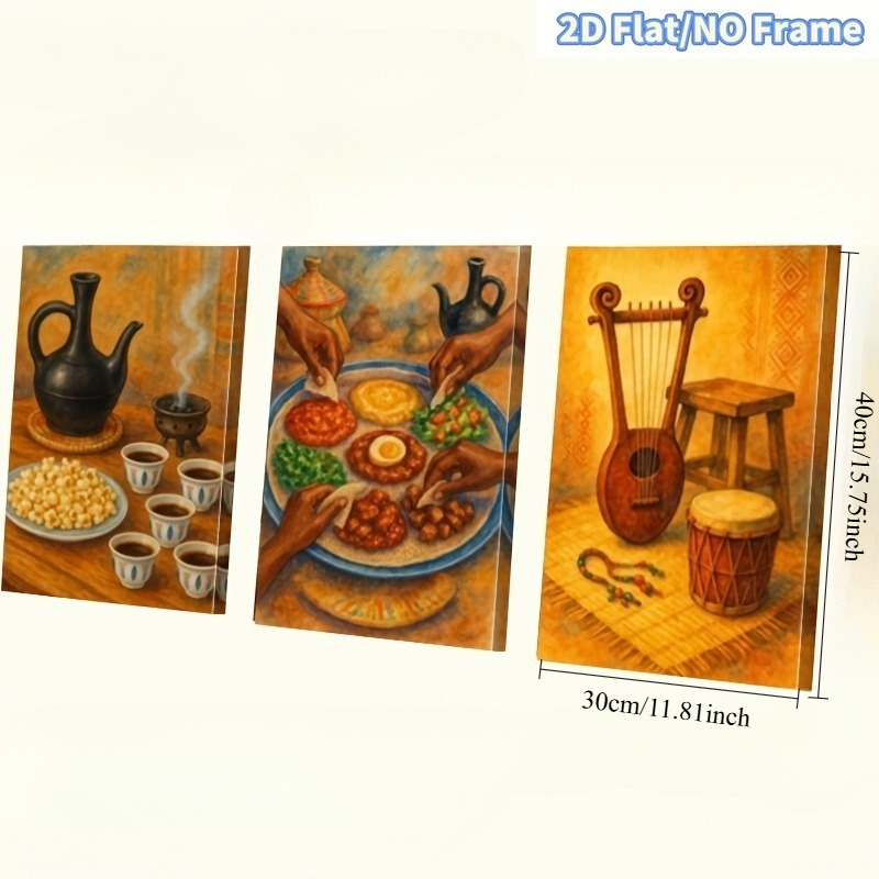 TEMU 2d Flat, 2d Flat, 2d Flat Frameless 3pcs Eritrean Cultural Paintings - Traditional African Canvas Prints, Ideal For Home Decor, Modern Eritrean