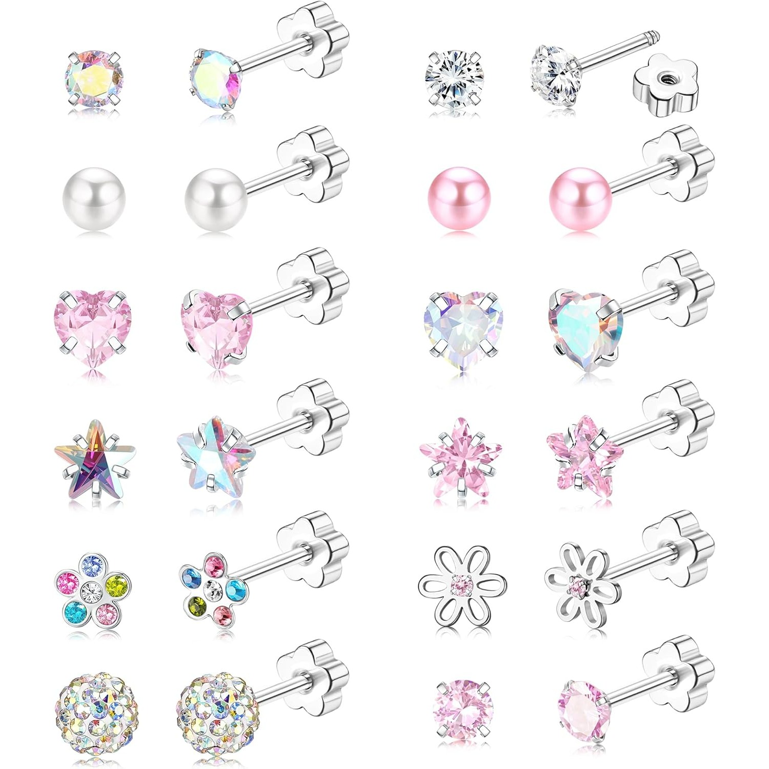 Image of 2d Flat - 12/14 Pairs Flat Back Earrings Stud Earrings For Women Surgical Steel Hypoallergenic Pink Earring Set Screw Back Sleeper Earring