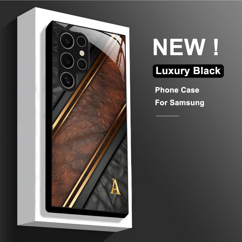 TEMU Phone Case - -end Black-brown Leather Textured Letter A White Glass Case Suitable For For Galaxy Models Including S26, S26 , S26 Ultra, S25