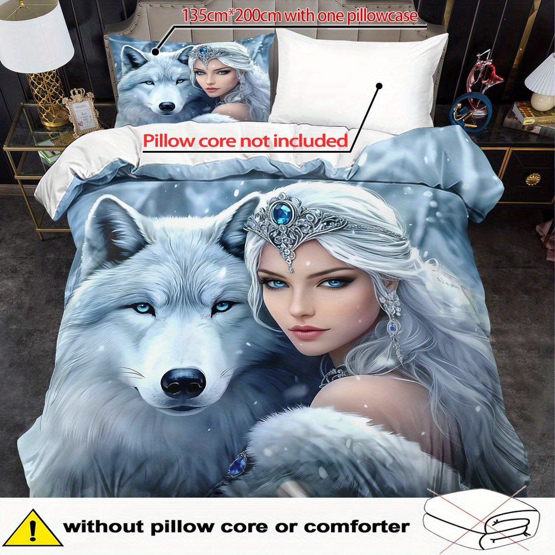 E-shop 2/3-teiliges Bettbezug-Set, Bettbezug-Set mit Prinzessin und Wolf-Print, Bettwäsche im König- und Königin-Stil, maschinenwaschbares Polyester,