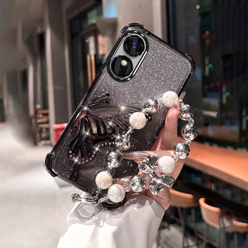 TEMU Phone Case: Luxury Plating Shockproof Thickening Glitter Card Phone Case For Oppo A17 Quicksand Bracket Elegant Bracelet Chain Soft Tpu Back