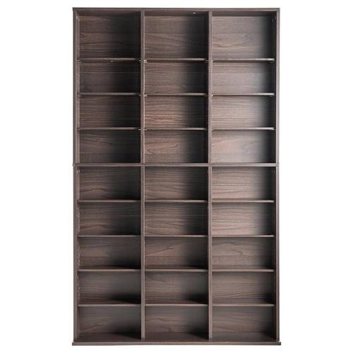 storage unit featuring a 9 tier dvd rack that can hold up to 756 cds with adjustable shelves offering 27 compartments designed to and collections movies video games or memorabilia espresso end