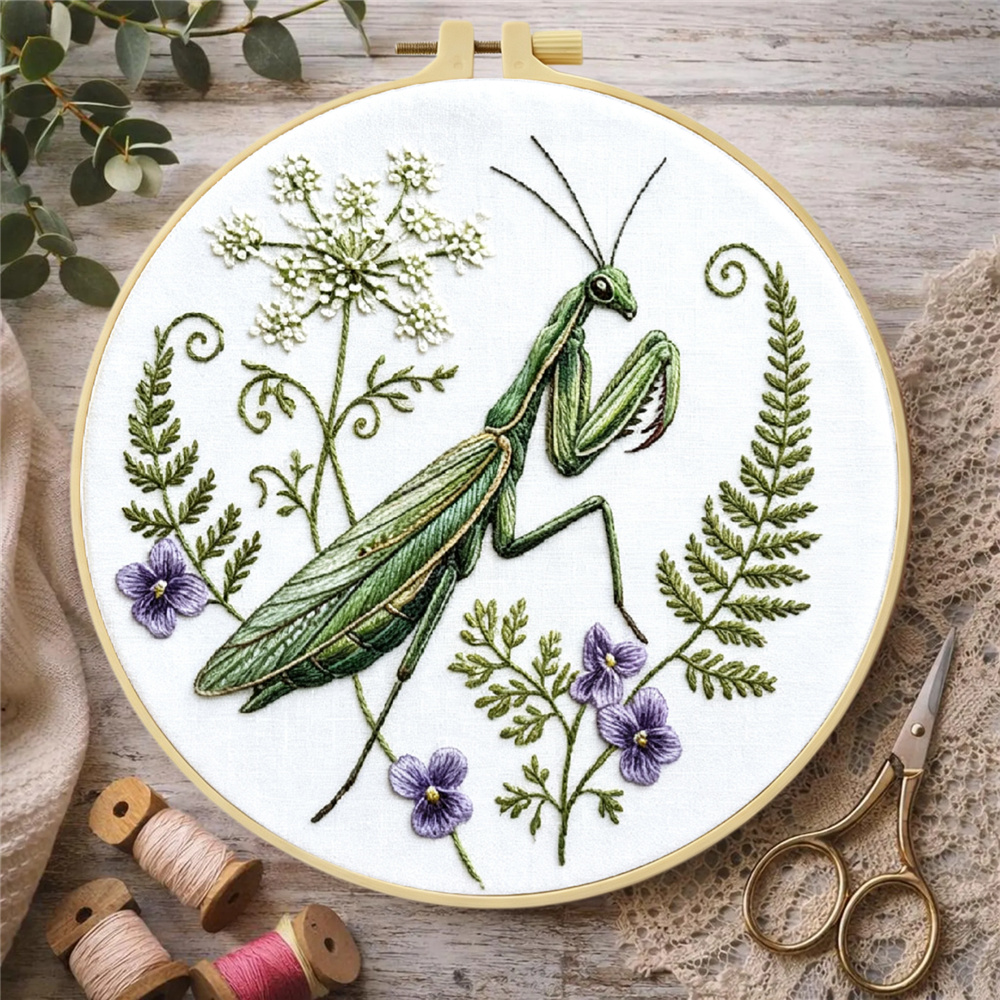 Mantis Insect Grass Pattern Handmade Embroidery Kit