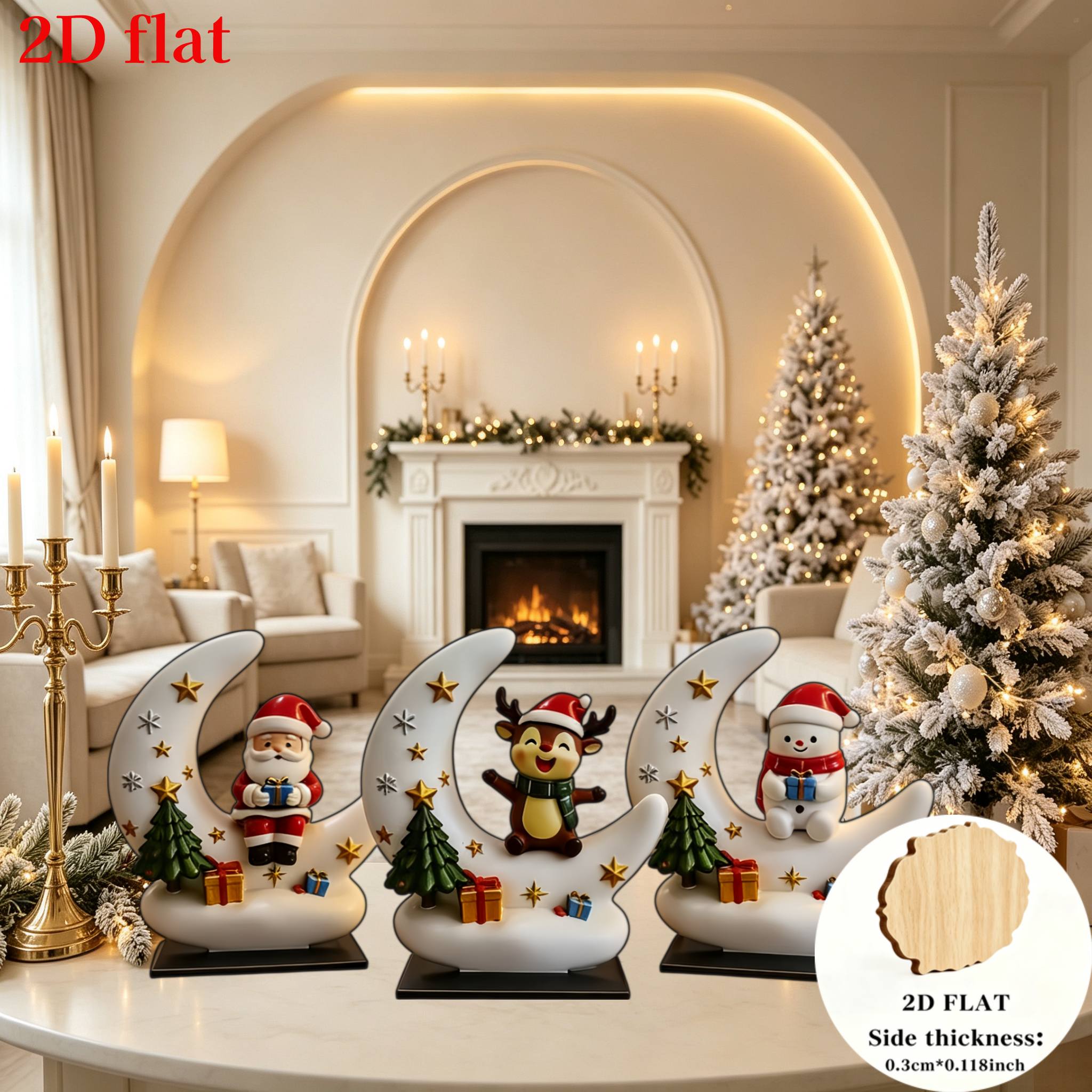 TEMU 2d Flat, 2d Flat Design, 3pcs Wooden Christmas Desktop Ornament Set Featuring Santa Claus, A Snowman, And A Reindeer, With A Base, Golden Stars,
