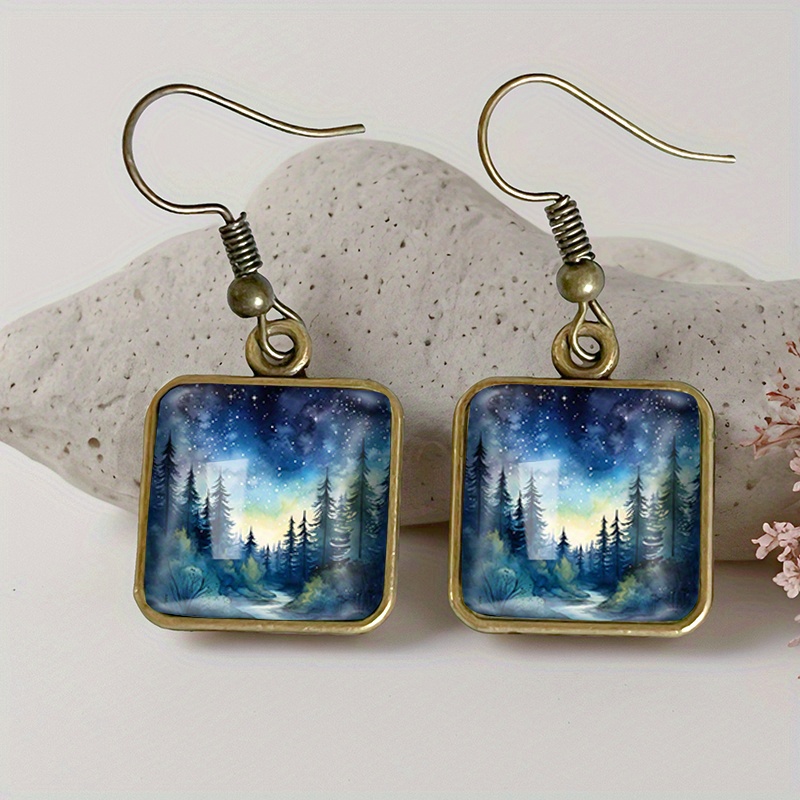 TEMU A Pair Of Vintage Square Earrings With Starry Forest Design, Handcrafted Glass Drop Additions, Perfect As A Gift, Without Battery