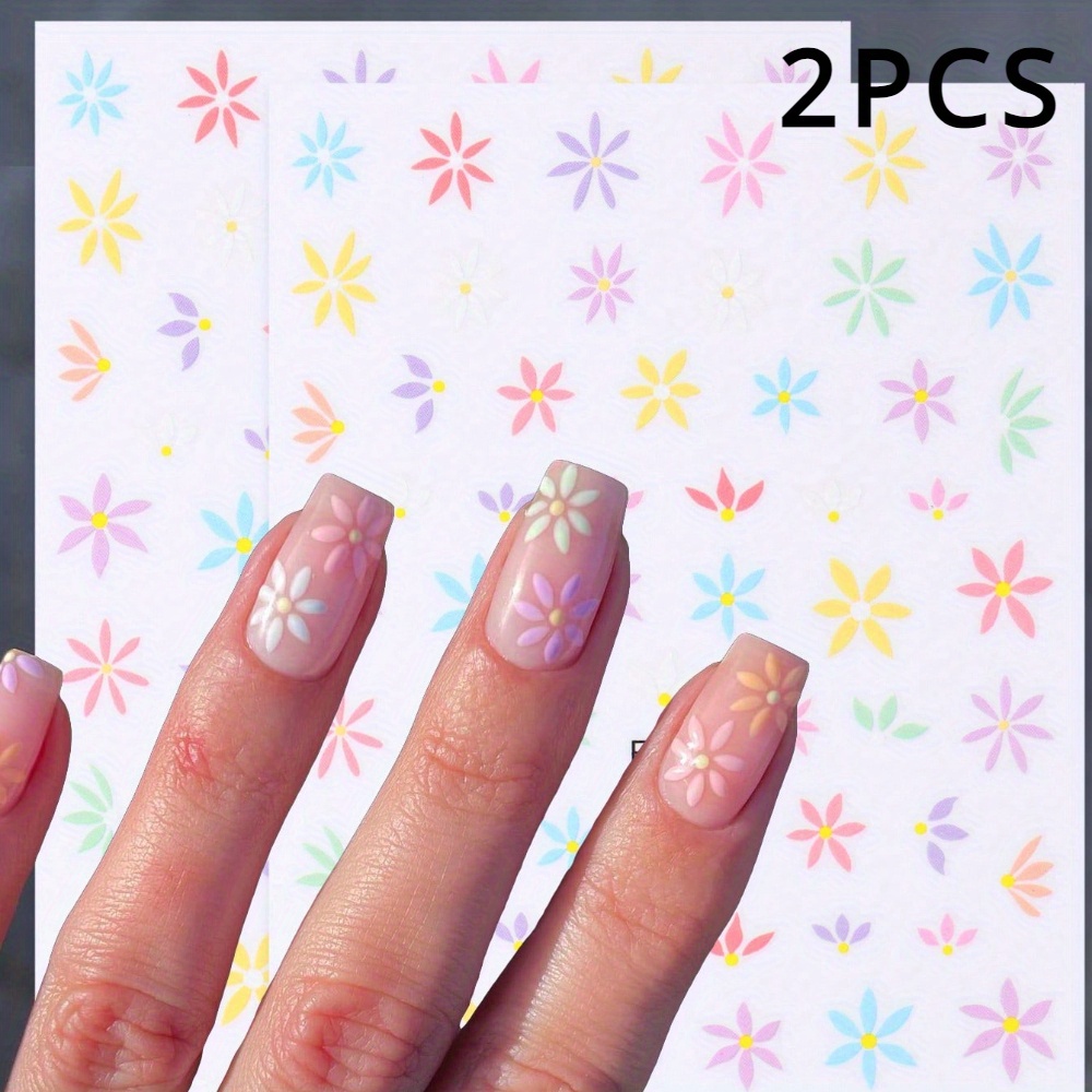 2pcs Flower Nail Stickers Decals Blue Colorful Flowers 3d Nail Art Adhesive Sliders Decorations Manicure