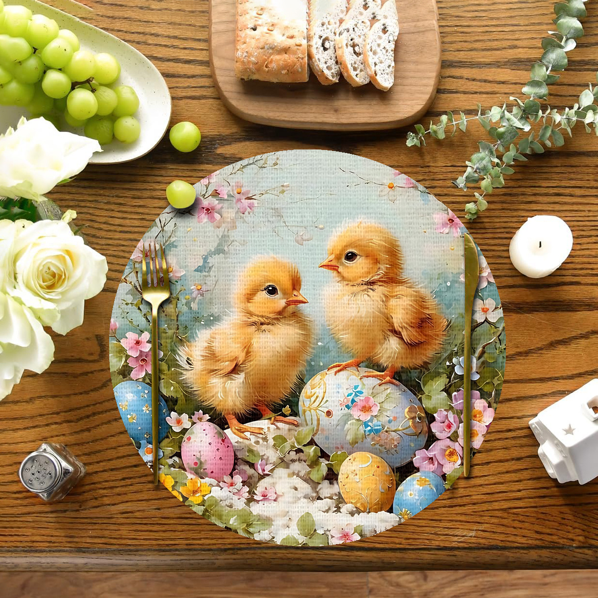 

2/4/6pcs Easter Chick & Floral Round Placemats, Polyester Linen Waterproof Table Mats, Hand Washable, For Dining Decor, Farmhouse Table Settings, Decorations, Party Supplies